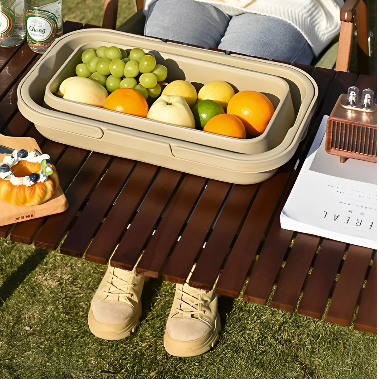 Set masuta camping pliabila, cos pliabil cu capac, pentru picnic, Bej, 2 piese [5]