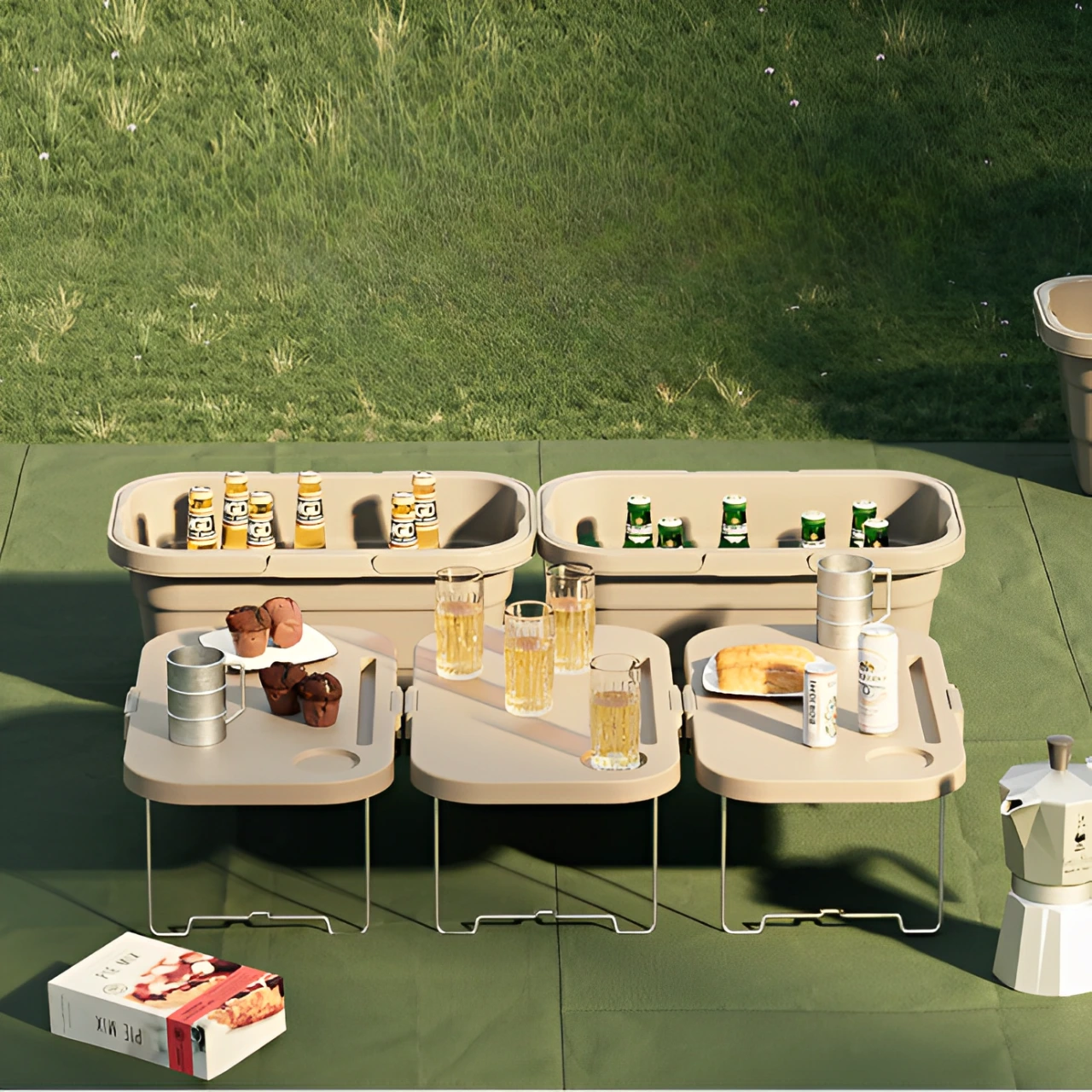 Set masuta camping pliabila, cos pliabil cu capac, pentru picnic, Bej, 2 piese [4]