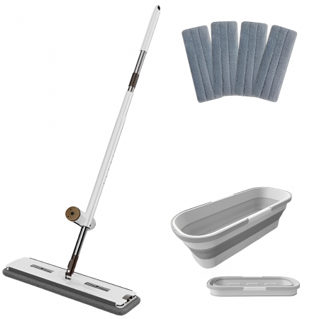 Curățenie - Set mop plat cu storcător, galeată pliabilă cu roți, 4 lavete microfibră, Alb/Gri, 8 litri