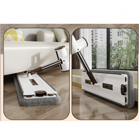 Set mop plat cu storcător, galeată pliabilă cu roți, 4 lavete microfibră, Alb/Gri, 8 litri [3]