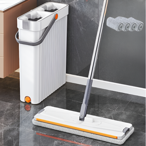Depozitare si organizare - Set mop plat si galeata, 2 cuve, cu ventuze, din plastic, 4 lavete din microfibra
