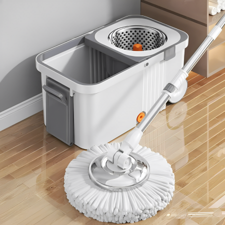 Depozitare si organizare - Set mop rotativ cu galeată cu roți și storcător centrifugă, Alb/Gri, 10L, 4 lavete incluse