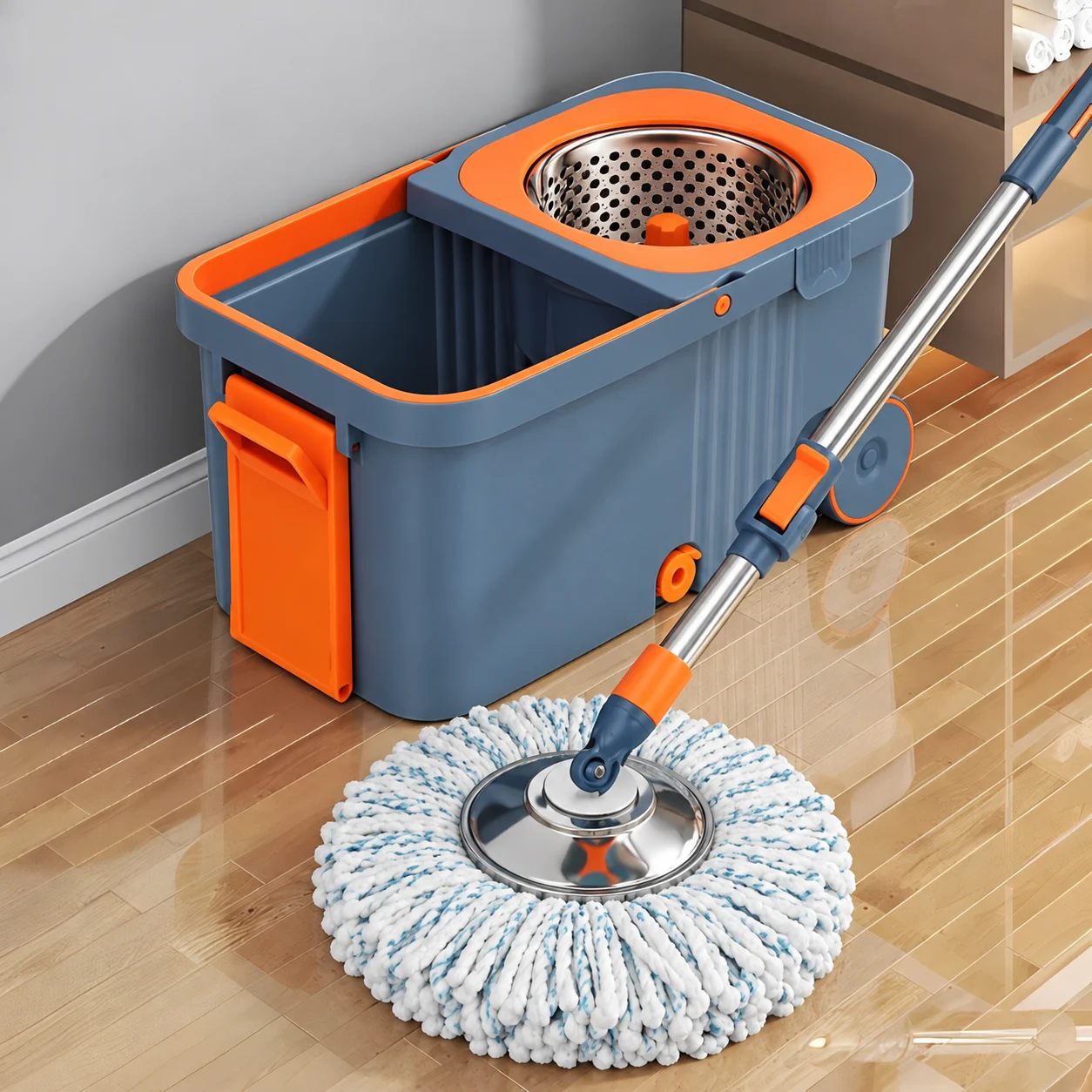 Curățenie - Set mop rotativ cu galeată cu roți și storcător centrifugă, Portocaliu/Gri, 10L, 4 lavete incluse