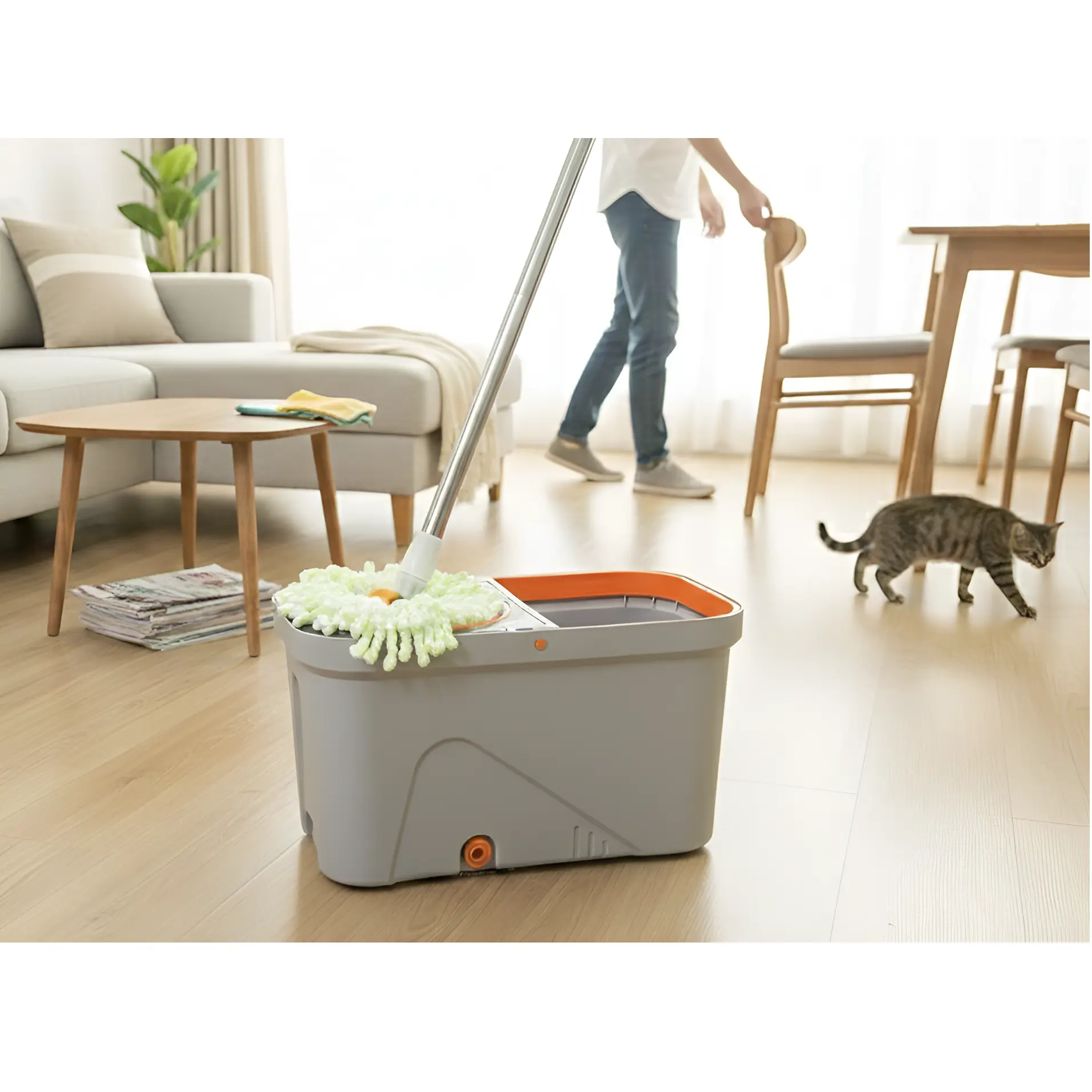 Set mop rotativ cu galeată și storcător centrifugă, Portocaliu/Gri, 10L, 2 lavete incluse [3]