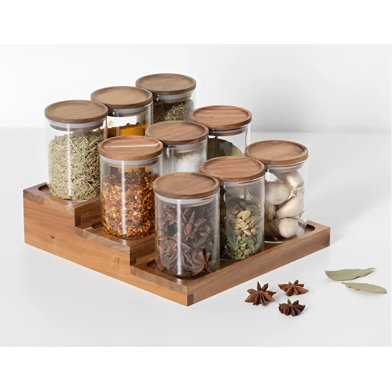Set organizator de condimente din Acacia, 9 borcane din sticla, capac din Acacia, Transparent/Maro, 10 piese [4]