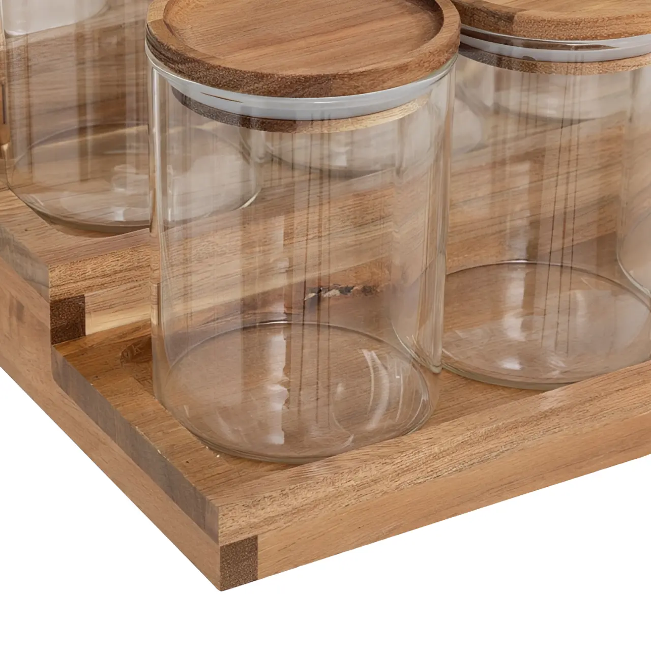 Set organizator de condimente din Acacia, 9 borcane din sticla, capac din Acacia, Transparent/Maro, 10 piese [5]