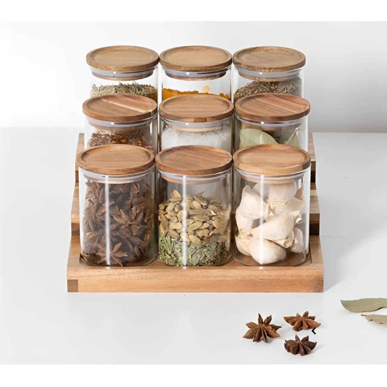 Organizare - Set organizator de condimente din Acacia, 9 borcane din sticla, capac din Acacia, Transparent/Maro, 10 piese