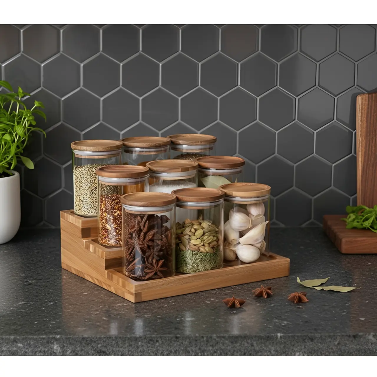 Set organizator de condimente din Acacia, 9 borcane din sticla, capac din Acacia, Transparent/Maro, 10 piese [1]