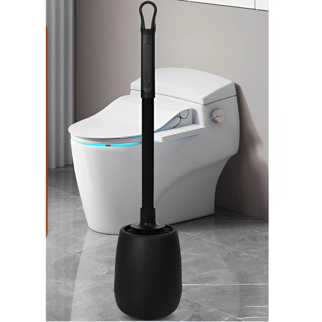 Baie - Set perie de toaleta si recipient cu adeziv, plastic, peri din silicon moale, flexibili, Negru, 10 x 52.5 cm