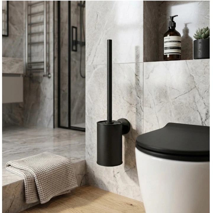 Baie - Set perie WC cu suport, de prins in perete, din inox, Negru