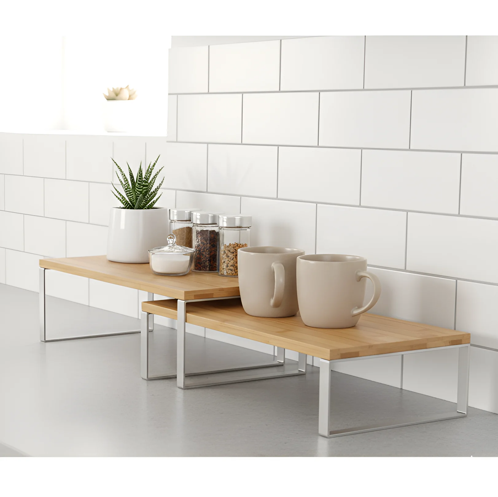 Bucatarie - Set rafturi de bucatarie,stivuibile, depozitare condimente, cani, din metal si bambus, Alb/Maro, 2 buc