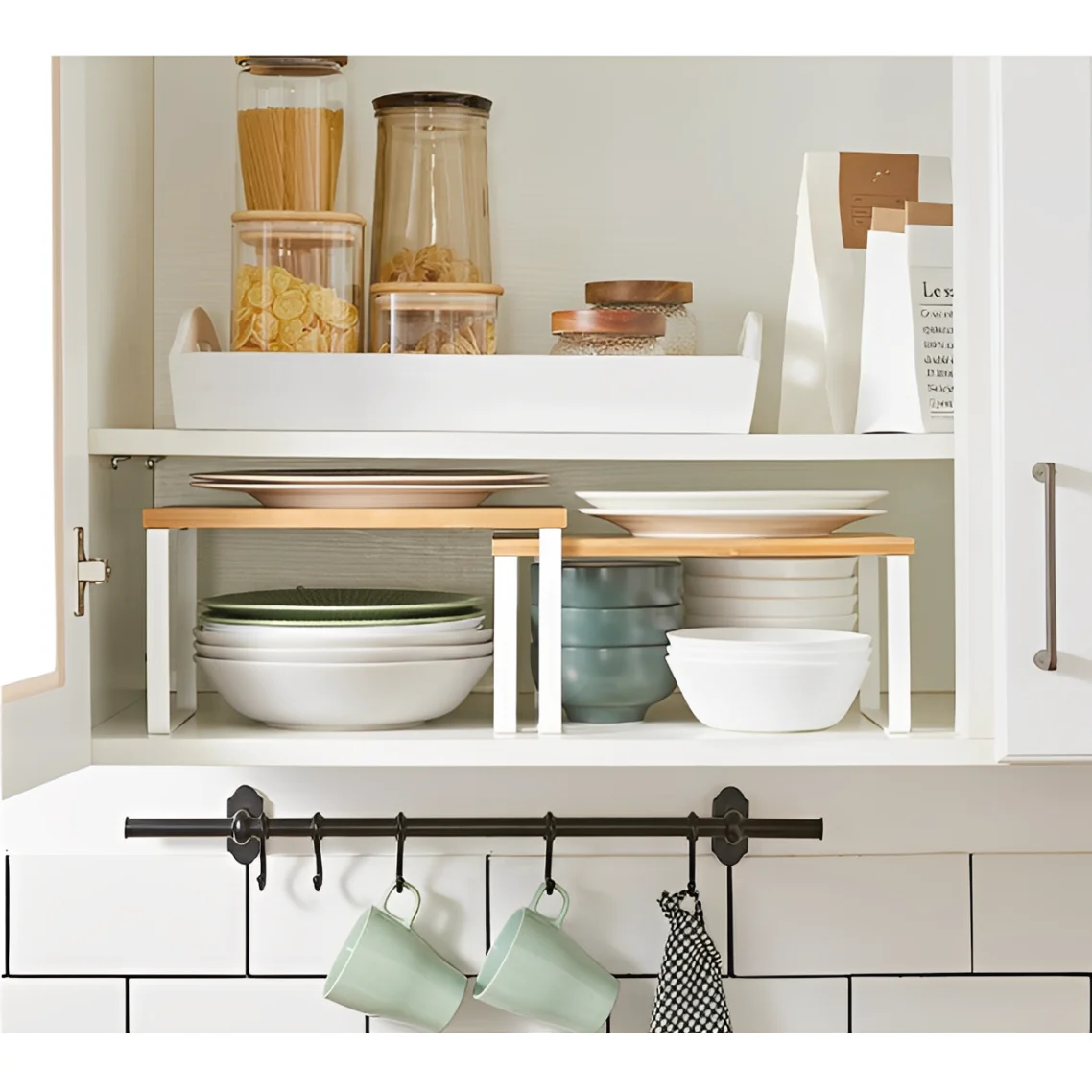 Set rafturi de bucatarie,stivuibile, depozitare condimente, cani, din metal si bambus, Alb/Maro, 2 buc [4]