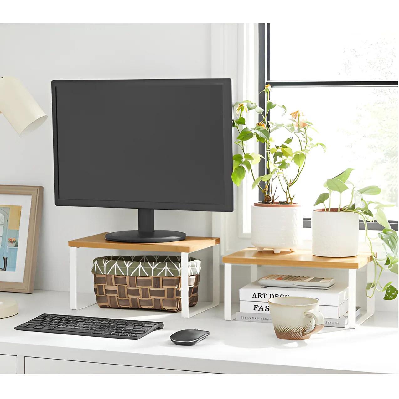 Set rafturi de bucatarie,stivuibile, depozitare condimente, cani, din metal si bambus, Alb/Maro, 2 buc [3]