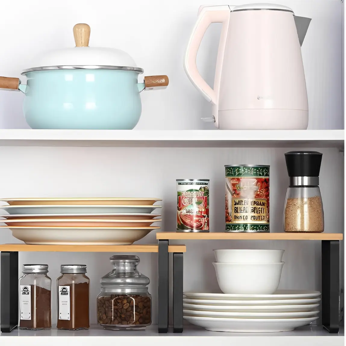 Set rafturi de bucatarie,stivuibile, depozitare condimente, cani, din metal si bambus, Negru/Maro, 2 buc [4]