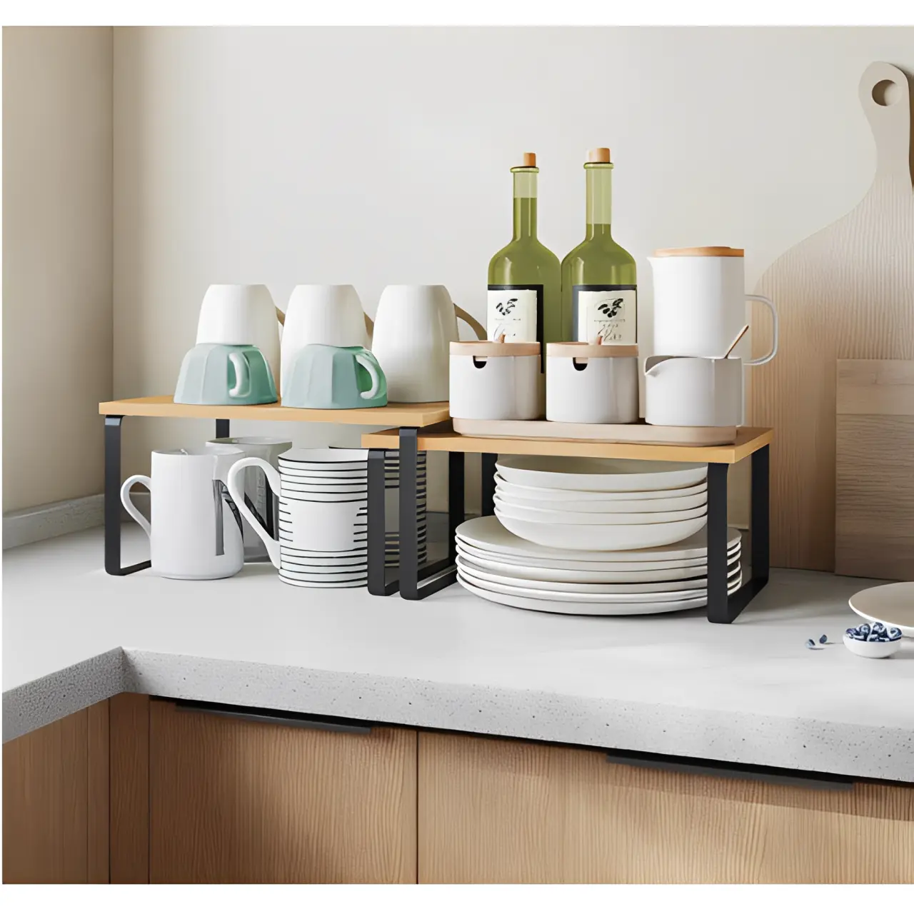 Set rafturi de bucatarie,stivuibile, depozitare condimente, cani, din metal si bambus, Negru/Maro, 2 buc [3]