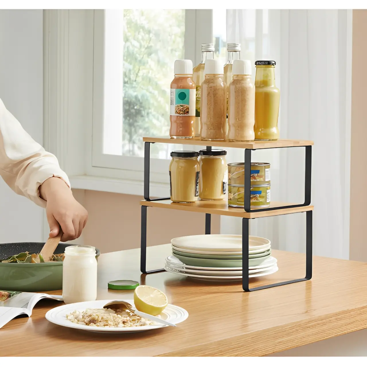 Set rafturi de bucatarie,stivuibile, depozitare condimente, cani, din metal si bambus, Negru/Maro, 2 buc [1]