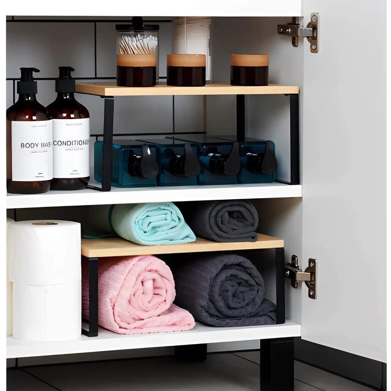 Set rafturi de bucatarie,stivuibile, depozitare condimente, cani, din metal si bambus, Negru/Maro, 2 buc [5]