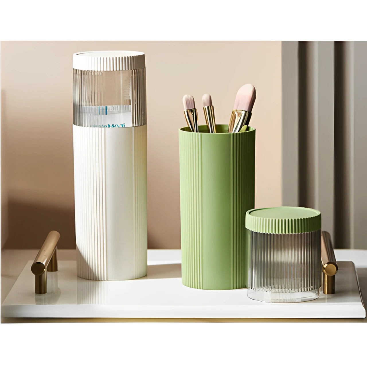 Set recipiente din plastic cu capac pentru periuta de dinti, Alb/Verde, 6 x 20 cm, 2 buc [0]