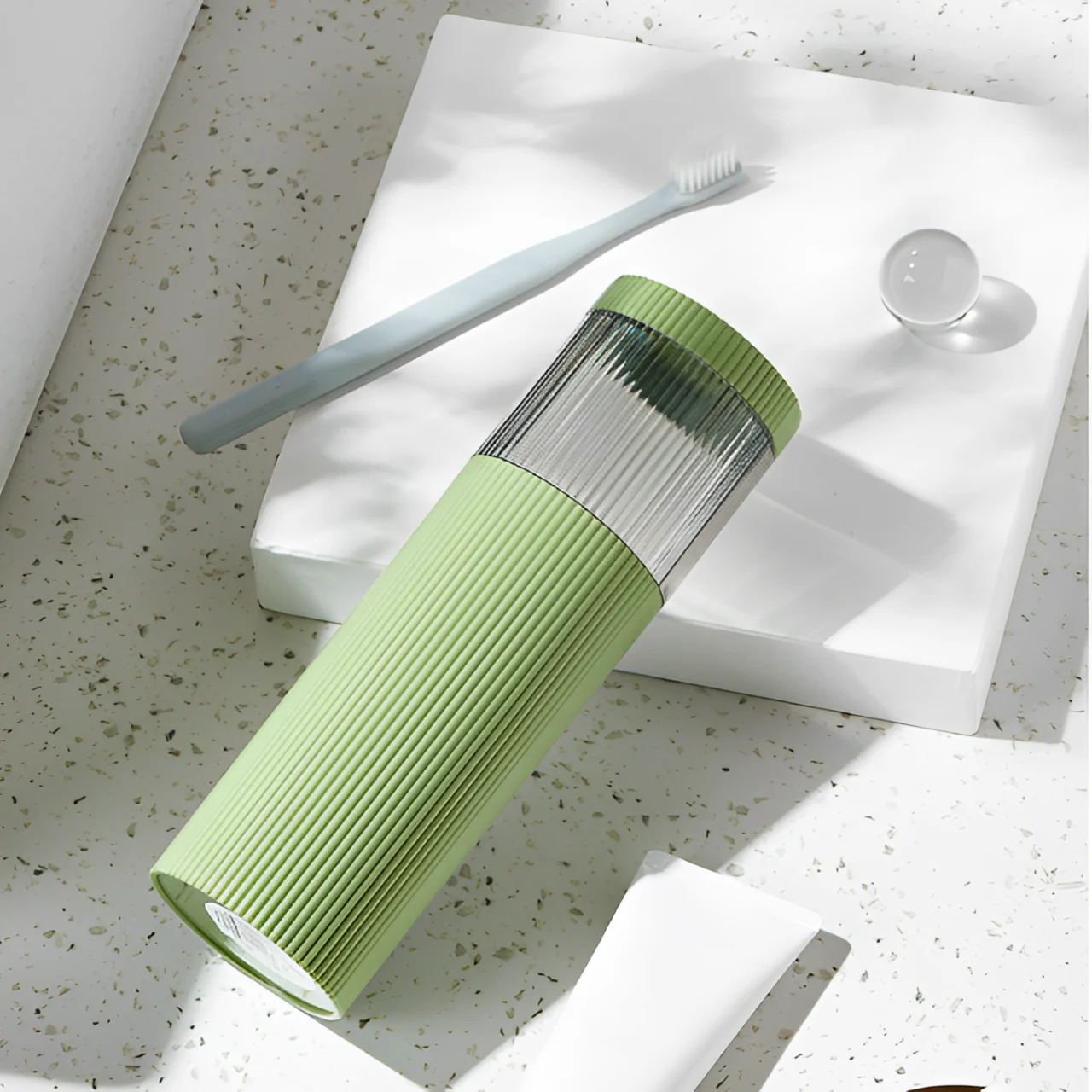 Set recipiente din plastic cu capac pentru periuta de dinti, Alb/Verde, 6 x 20 cm, 2 buc [3]