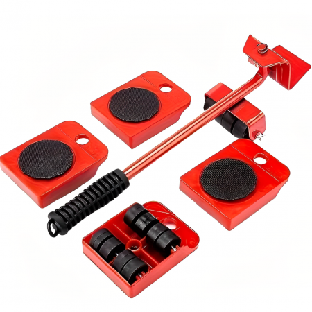Suporturi - Set suport cu roti pentru mutat mobila, electrocasnice, Rosu/Negru, 5 piese