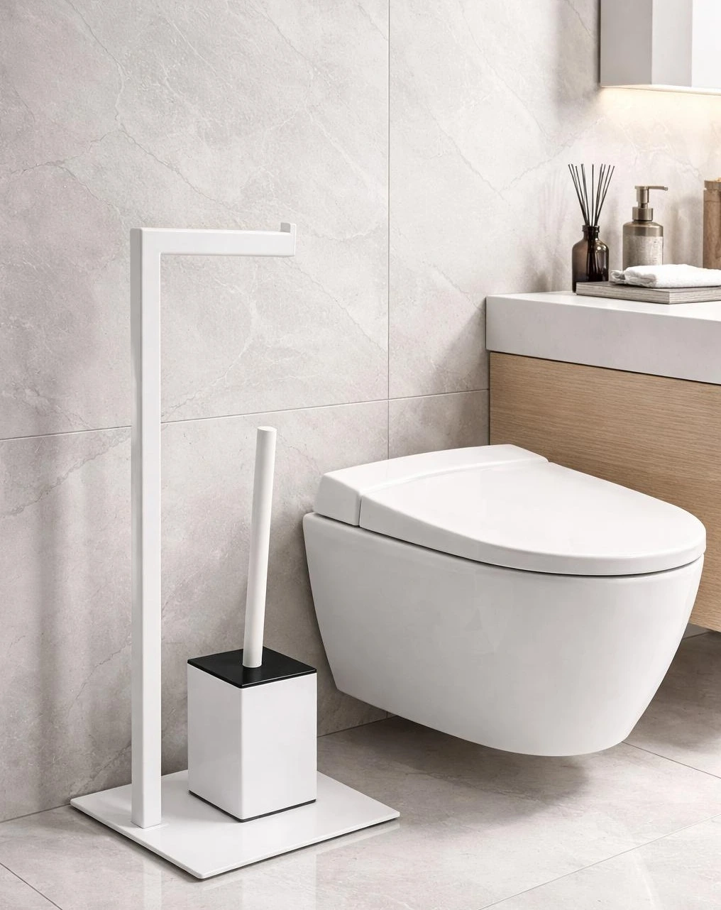 Set suport hartie igienica, baza dreptunghiulara, suport perie de toaleta si perie de toaleta, din inox, Alb, 22 x 18 x 60 cm