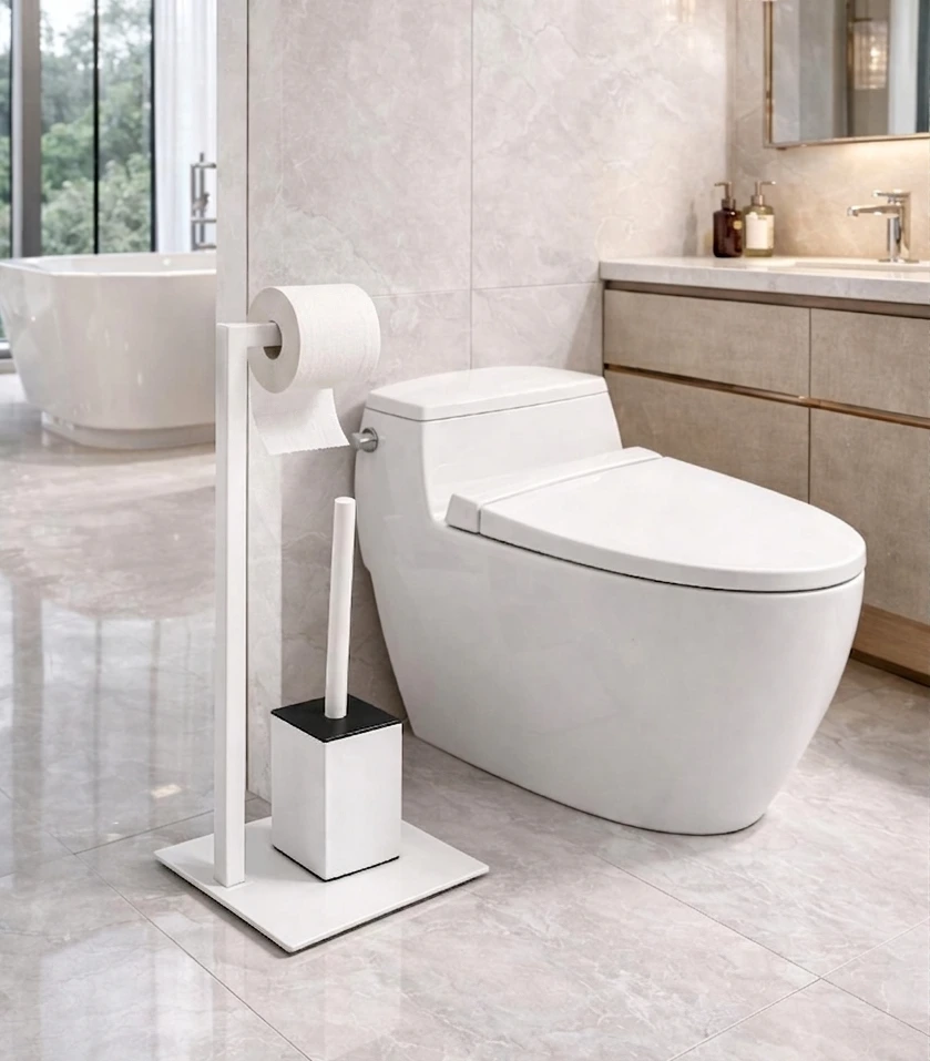 Set suport hartie igienica, baza dreptunghiulara, suport perie de toaleta si perie de toaleta, din inox, Alb, 22 x 18 x 60 cm [2]