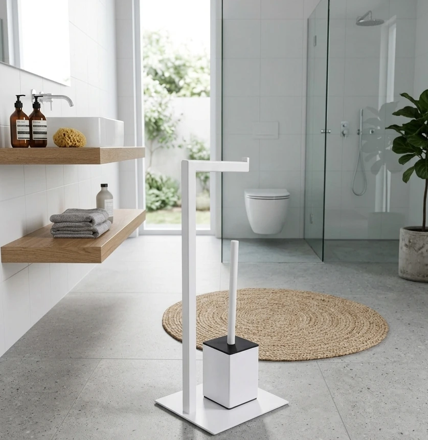 Set suport hartie igienica, baza dreptunghiulara, suport perie de toaleta si perie de toaleta, din inox, Alb, 22 x 18 x 60 cm [4]