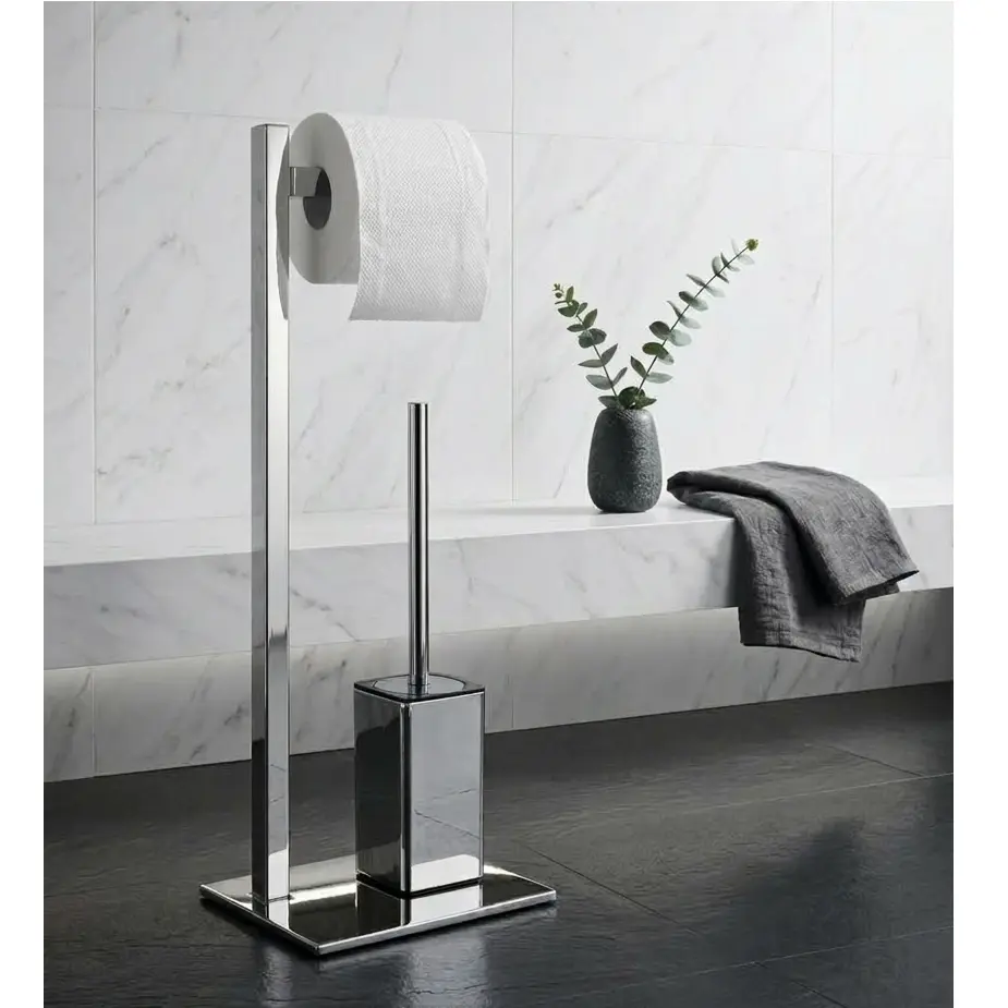 Baie - Set suport hartie igienica, baza dreptunghiulara, suport perie de toaleta si perie de toaleta, din inox, Argintiu, 22 x 18 x 60 cm