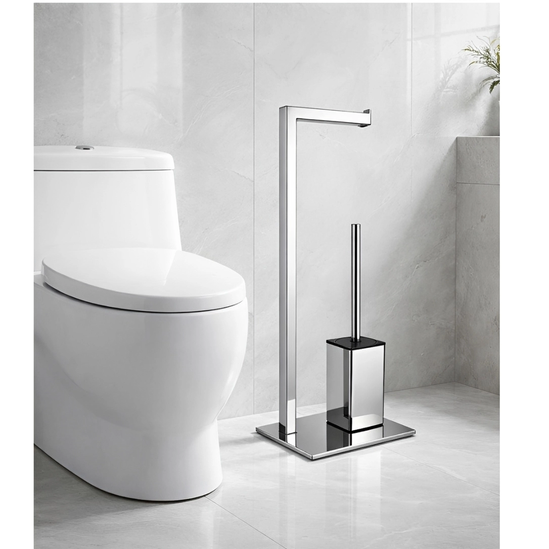 Set suport hartie igienica, baza dreptunghiulara, suport perie de toaleta si perie de toaleta, din inox, Argintiu, 22 x 18 x 60 cm [1]