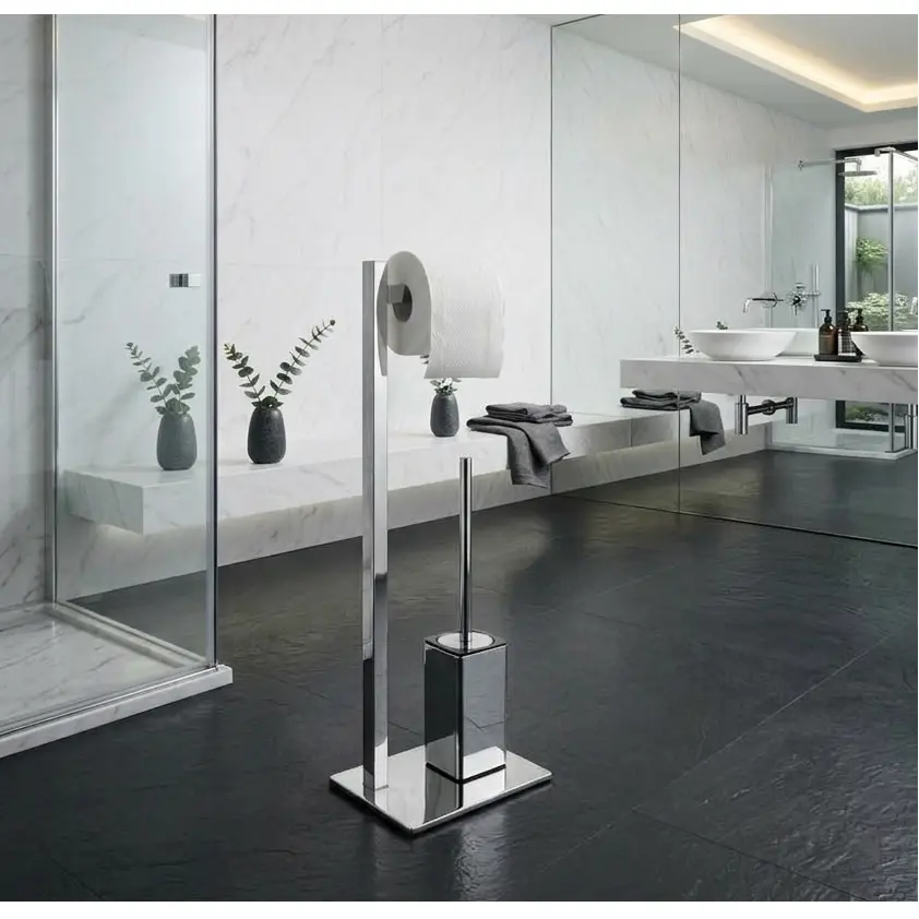 Set suport hartie igienica, baza dreptunghiulara, suport perie de toaleta si perie de toaleta, din inox, Argintiu, 22 x 18 x 60 cm [3]