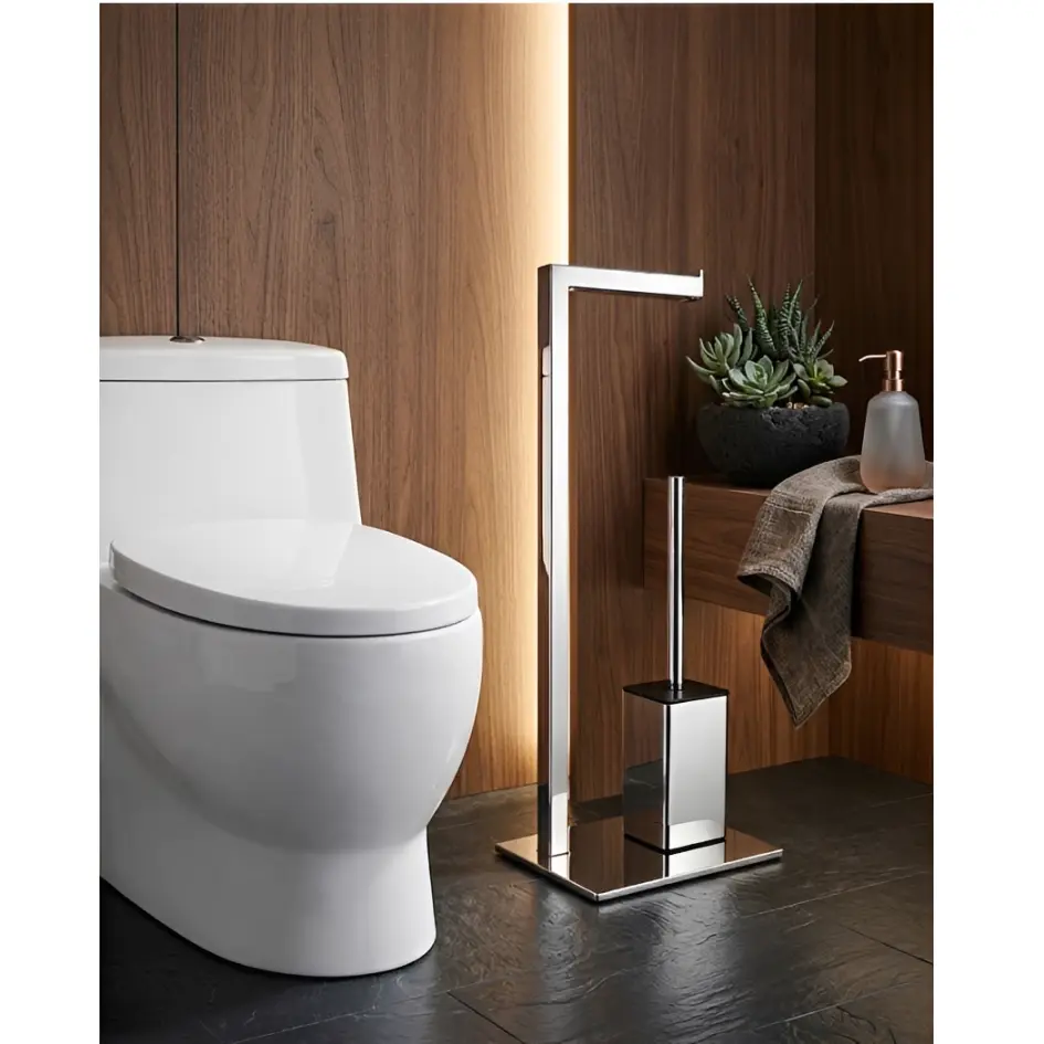 Set suport hartie igienica, baza dreptunghiulara, suport perie de toaleta si perie de toaleta, din inox, Argintiu, 22 x 18 x 60 cm [2]