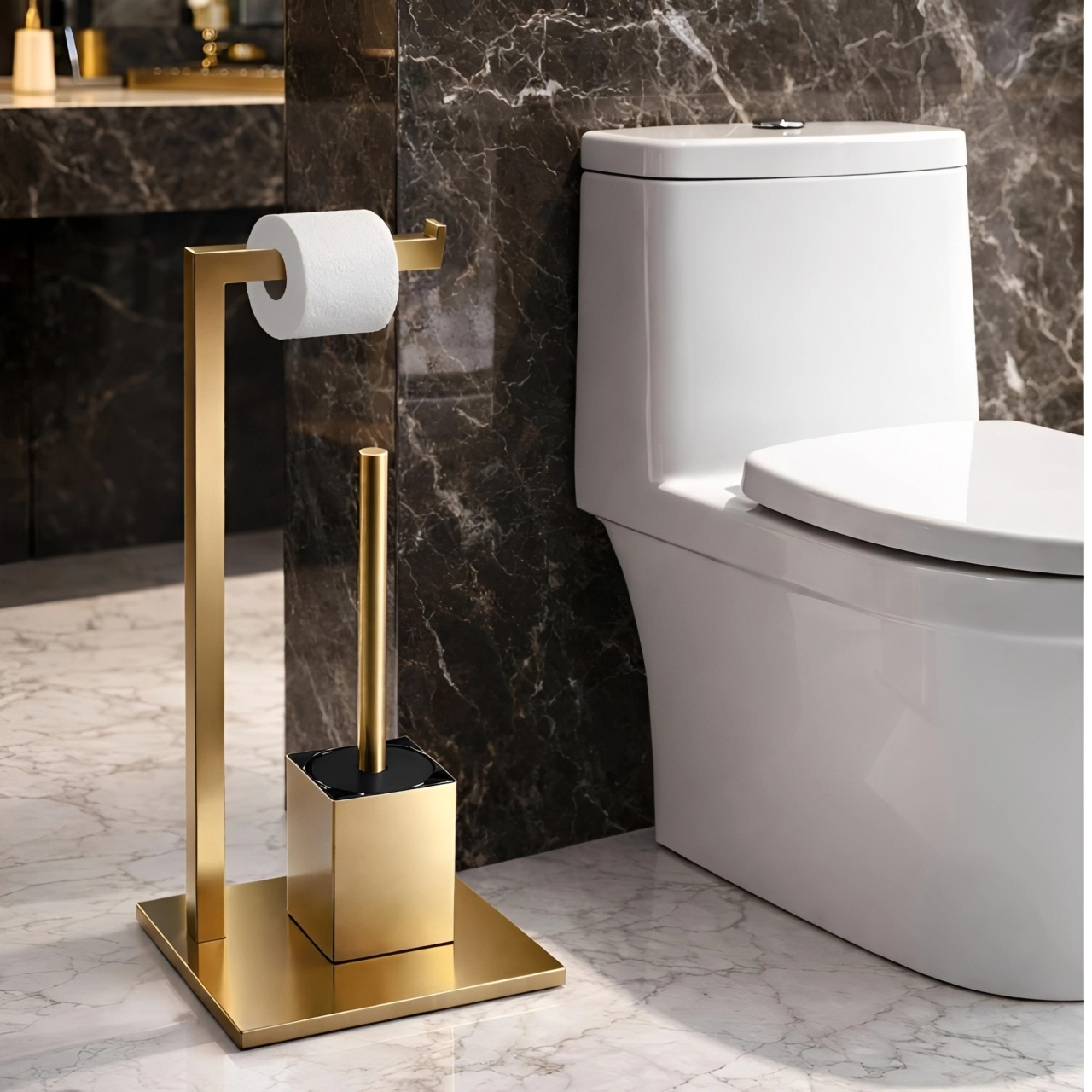 Set suport hartie igienica, baza dreptunghiulara, suport perie de toaleta si perie de toaleta, din inox, Auriu, 22 x 18 x 60 cm [1]