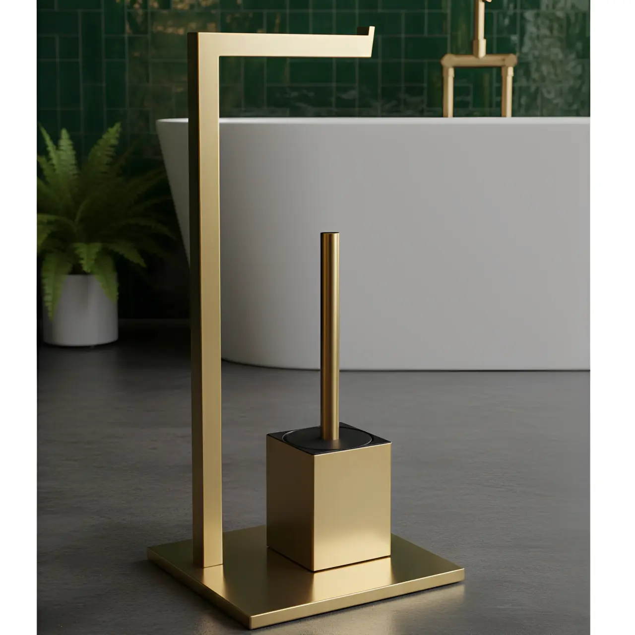 Set suport hartie igienica, baza dreptunghiulara, suport perie de toaleta si perie de toaleta, din inox, Auriu, 22 x 18 x 60 cm [3]