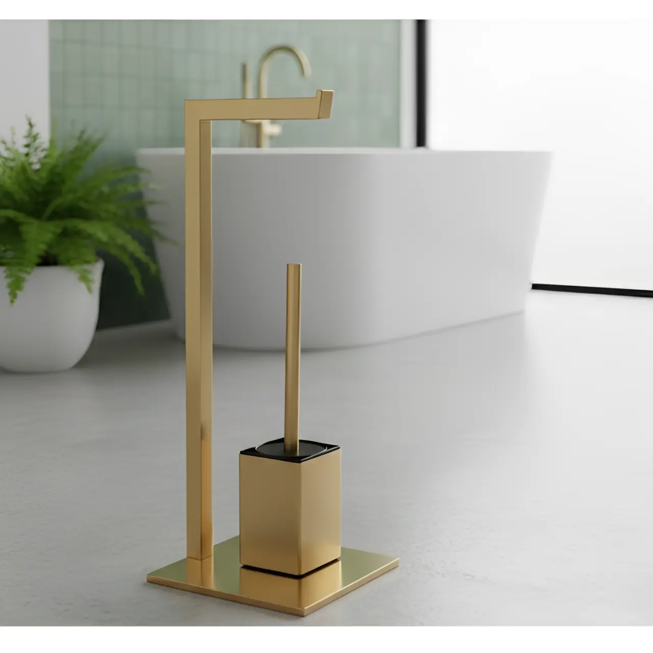 Set suport hartie igienica, baza dreptunghiulara, suport perie de toaleta si perie de toaleta, din inox, Auriu, 22 x 18 x 60 cm [4]