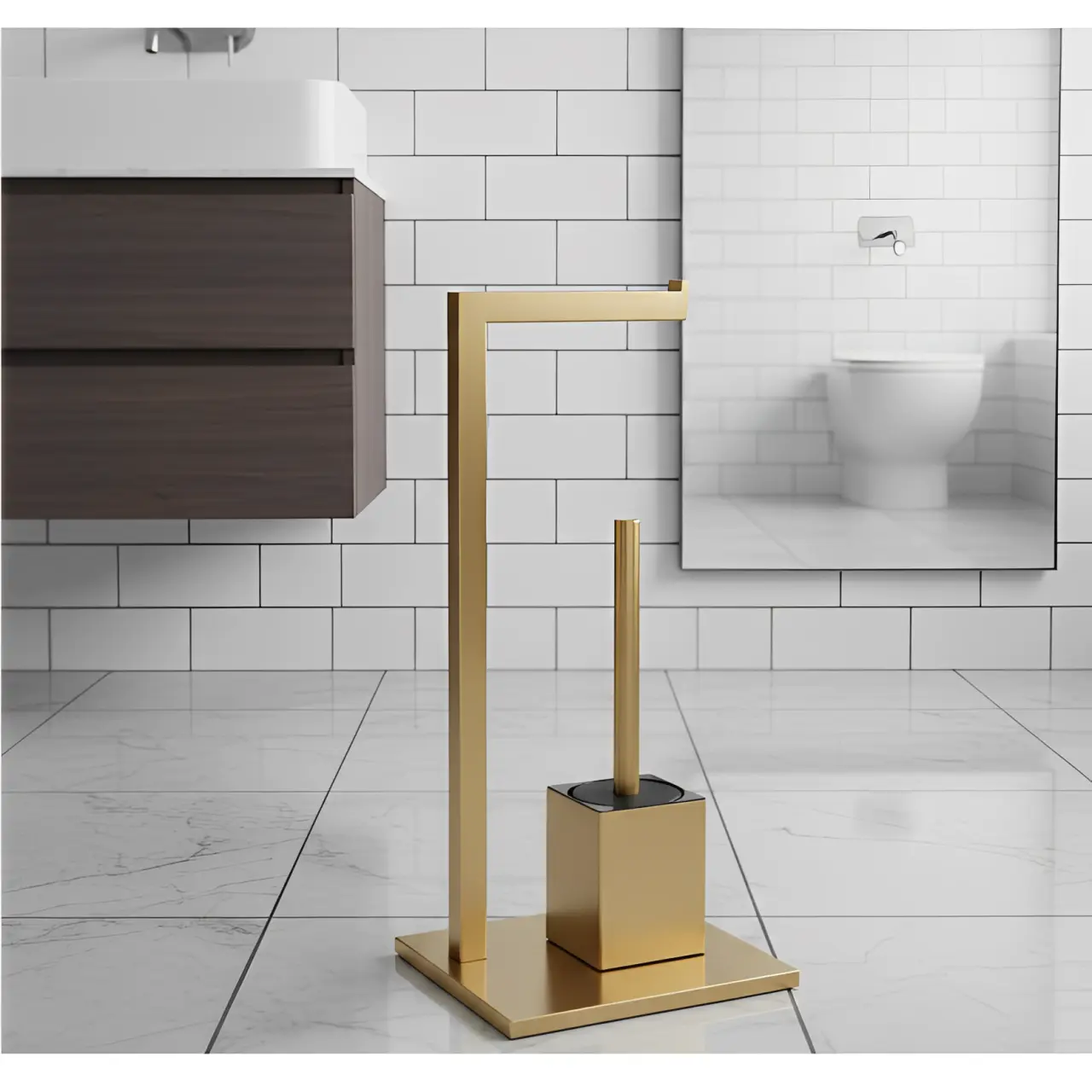 Baie - Set suport hartie igienica, baza dreptunghiulara, suport perie de toaleta si perie de toaleta, din inox, Auriu, 22 x 18 x 60 cm