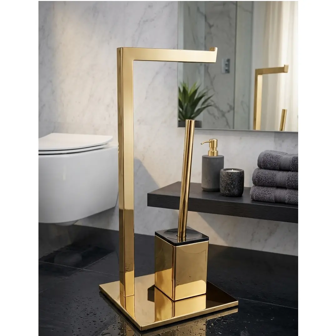 Baie - Set suport hartie igienica, baza dreptunghiulara, suport perie de toaleta si perie de toaleta, din inox, Auriu intens, 22 x 18 x 60 cm