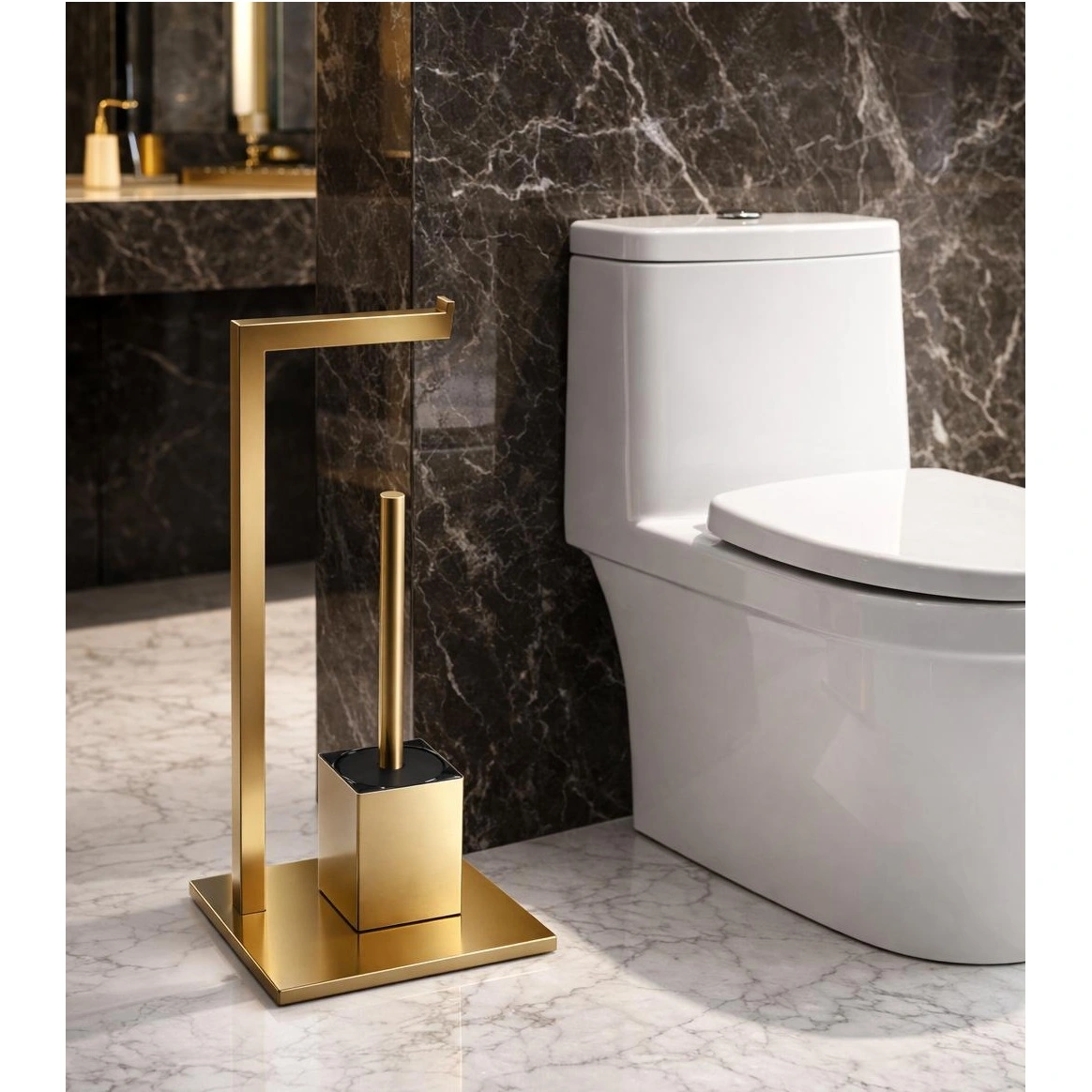 Set suport hartie igienica, baza dreptunghiulara, suport perie de toaleta si perie de toaleta, din inox, Auriu intens, 22 x 18 x 60 cm [2]