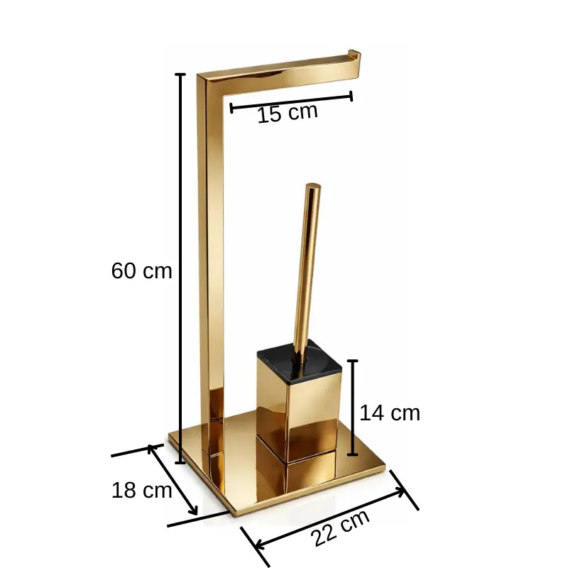 Set suport hartie igienica, baza dreptunghiulara, suport perie de toaleta si perie de toaleta, din inox, Auriu intens, 22 x 18 x 60 cm [5]