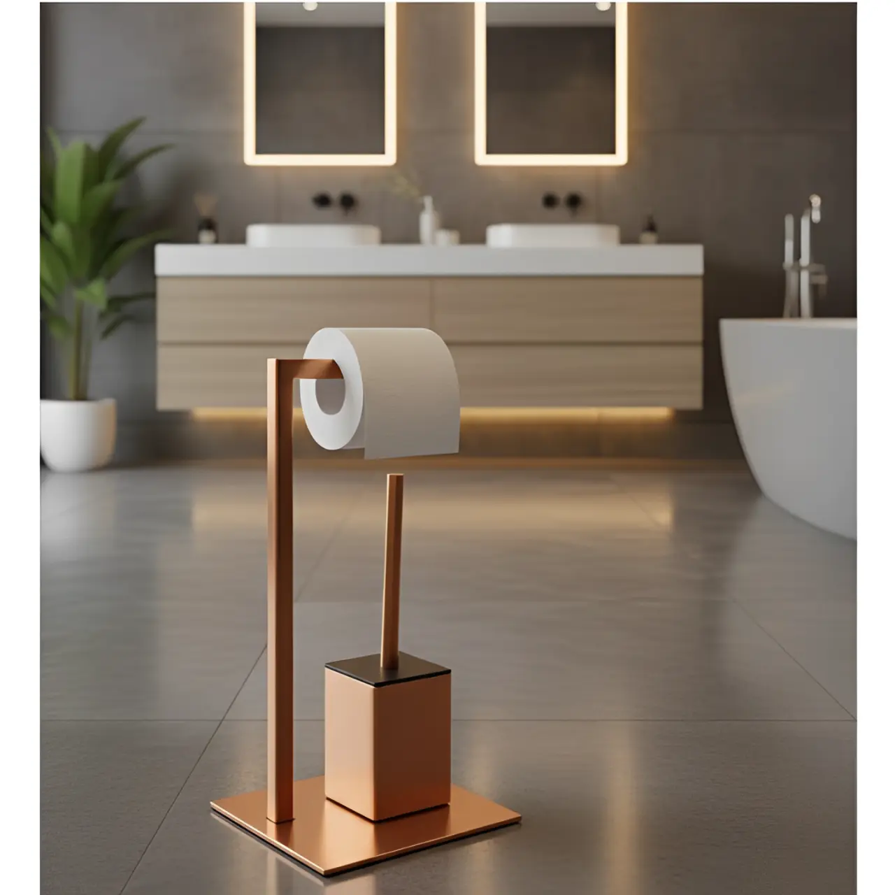 Set suport hartie igienica, baza dreptunghiulara, suport perie de toaleta si perie de toaleta, din inox, Bronz, 22 x 18 x 60 cm [4]