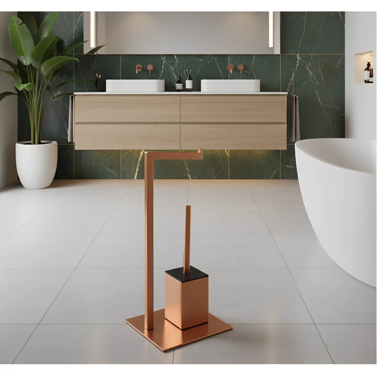 Set suport hartie igienica, baza dreptunghiulara, suport perie de toaleta si perie de toaleta, din inox, Bronz, 22 x 18 x 60 cm [2]