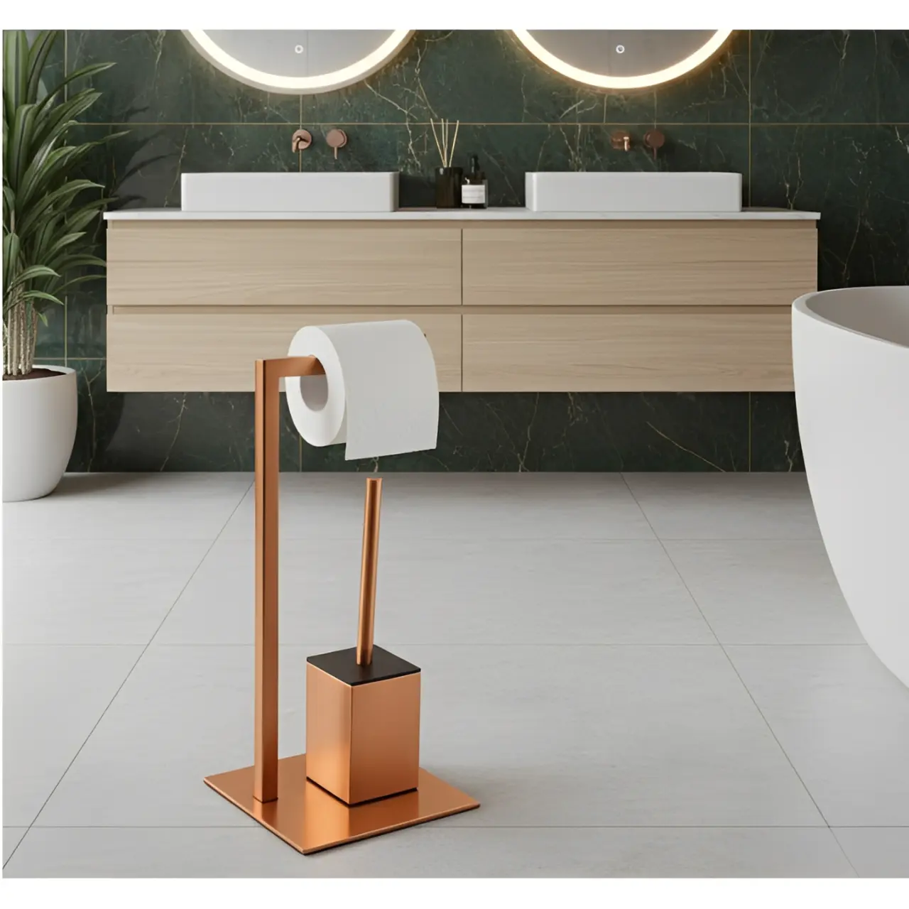 Set suport hartie igienica, baza dreptunghiulara, suport perie de toaleta si perie de toaleta, din inox, Bronz, 22 x 18 x 60 cm