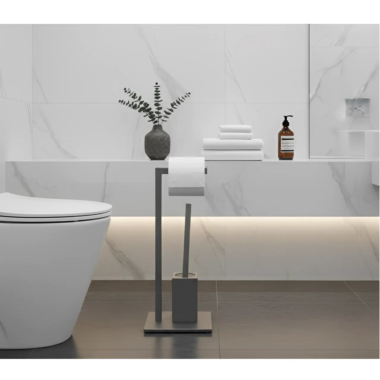 Set suport hartie igienica, baza dreptunghiulara, suport perie de toaleta si perie de toaleta, din inox, Gri, 22 x 18 x 60 cm [3]