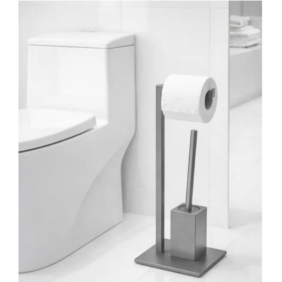 Set suport hartie igienica, baza dreptunghiulara, suport perie de toaleta si perie de toaleta, din inox, Gri, 22 x 18 x 60 cm [1]