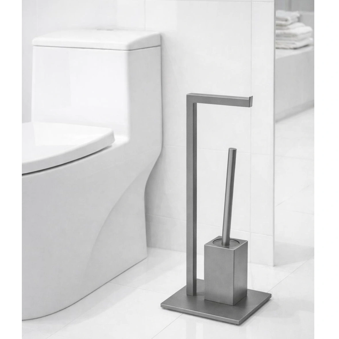 Baie - Set suport hartie igienica, baza dreptunghiulara, suport perie de toaleta si perie de toaleta, din inox, Gri, 22 x 18 x 60 cm