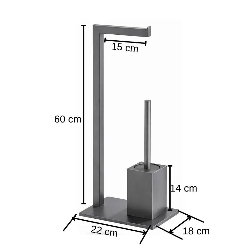 Set suport hartie igienica, baza dreptunghiulara, suport perie de toaleta si perie de toaleta, din inox, Gri, 22 x 18 x 60 cm [5]