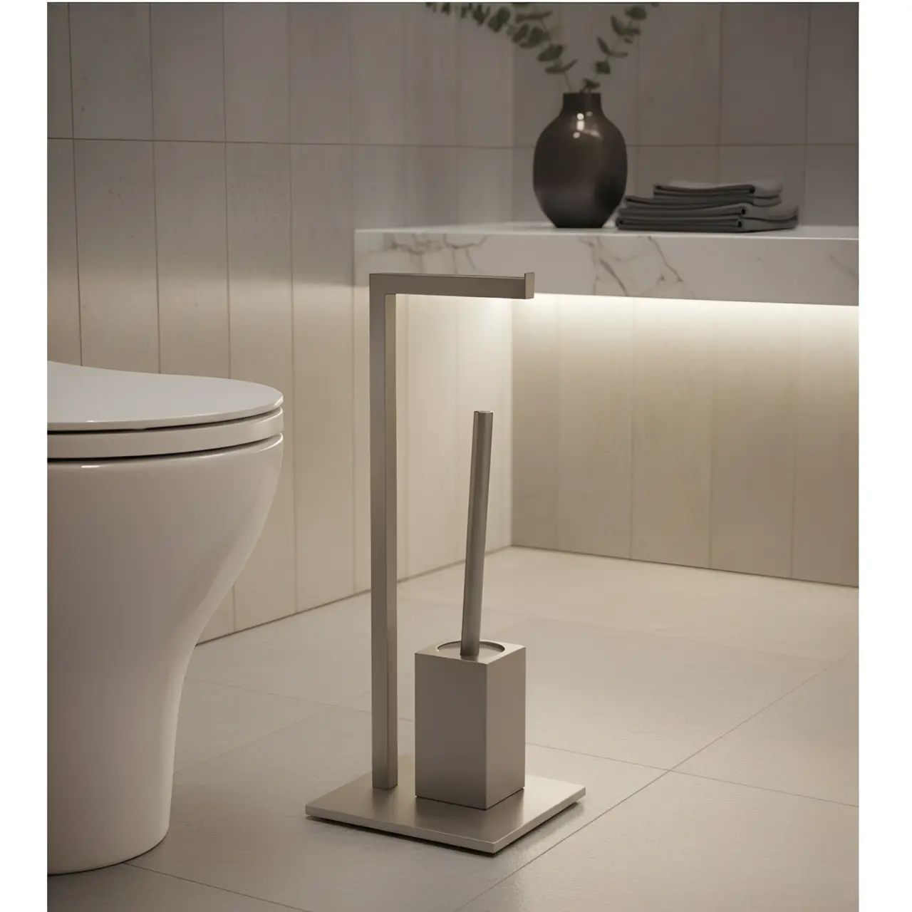 Set suport hartie igienica, baza dreptunghiulara, suport perie de toaleta si perie de toaleta, din inox, Gri, 22 x 18 x 60 cm [2]