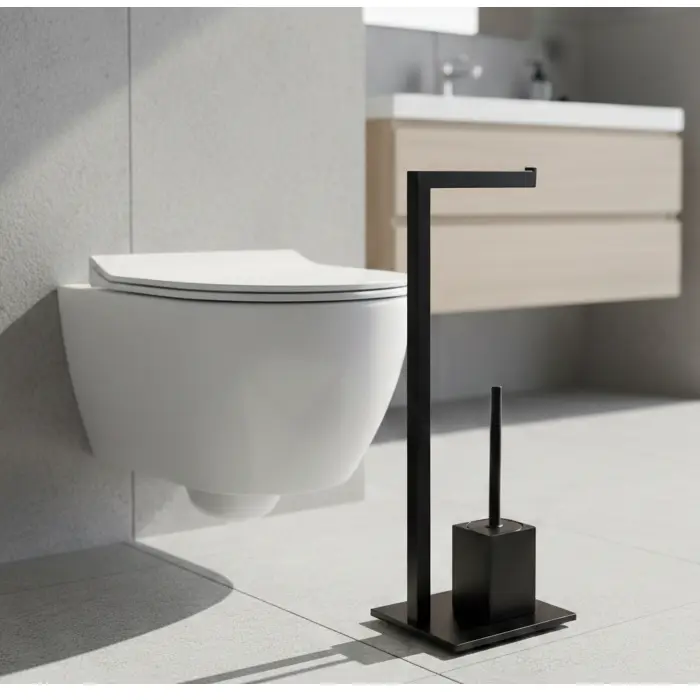 Set suport hartie igienica, baza dreptunghiulara, suport perie de toaleta si perie de toaleta, din inox, Negru, 22 x 18 x 60 cm [5]