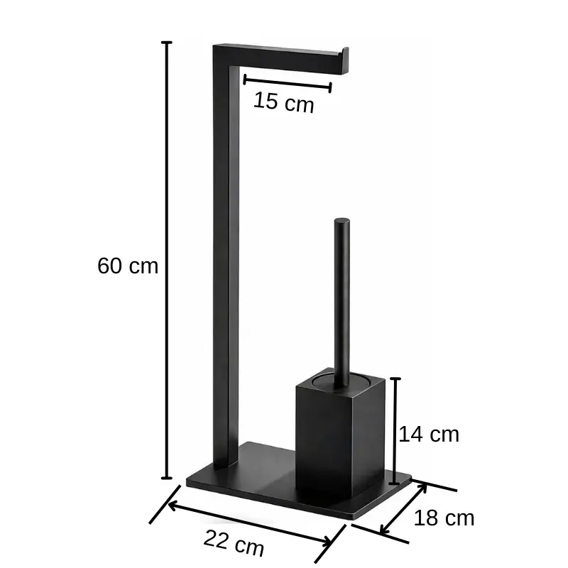 Set suport hartie igienica, baza dreptunghiulara, suport perie de toaleta si perie de toaleta, din inox, Negru, 22 x 18 x 60 cm [2]