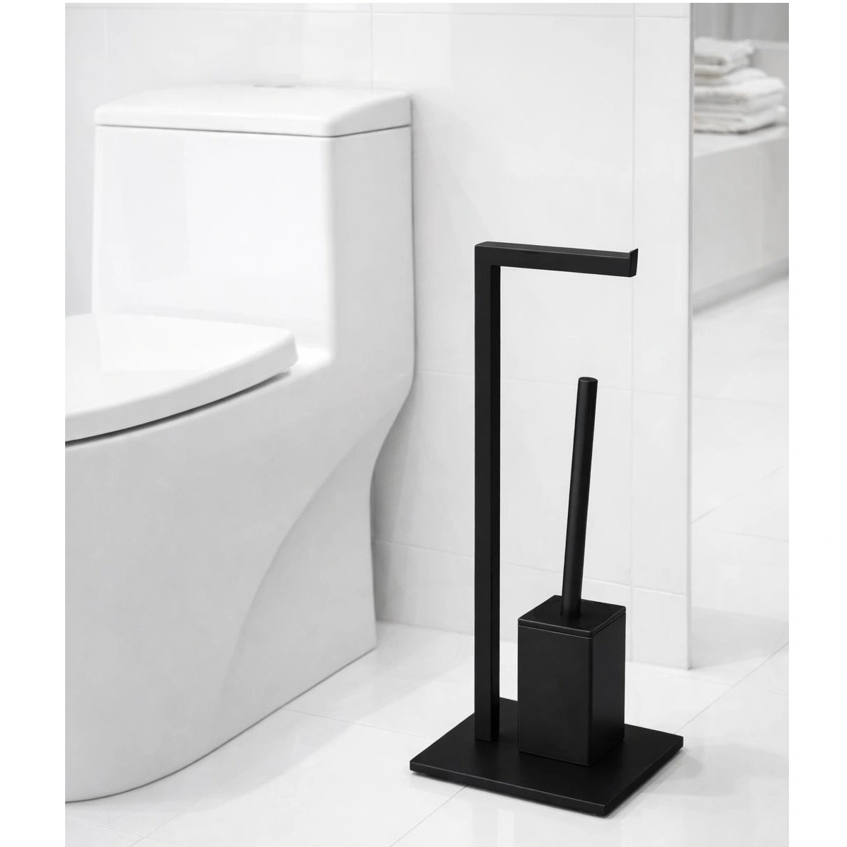 Set suport hartie igienica, baza dreptunghiulara, suport perie de toaleta si perie de toaleta, din inox, Negru, 22 x 18 x 60 cm