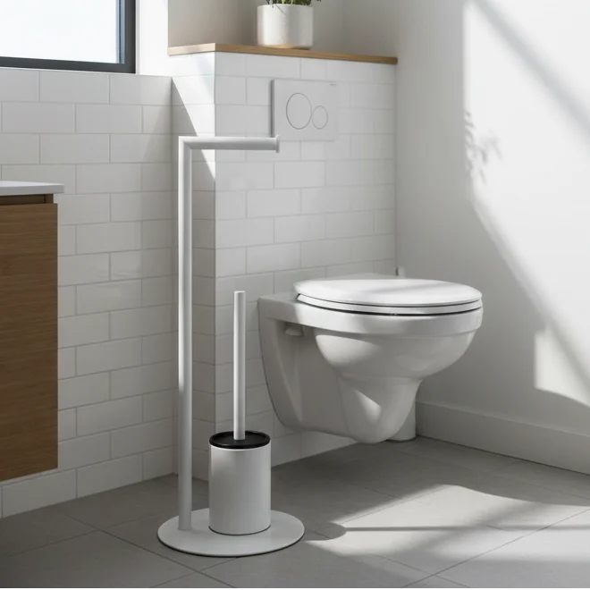 Set suport hartie igienica, suport perie de toaleta si perie de toaleta, din inox, Alb, 21 x 60 cm